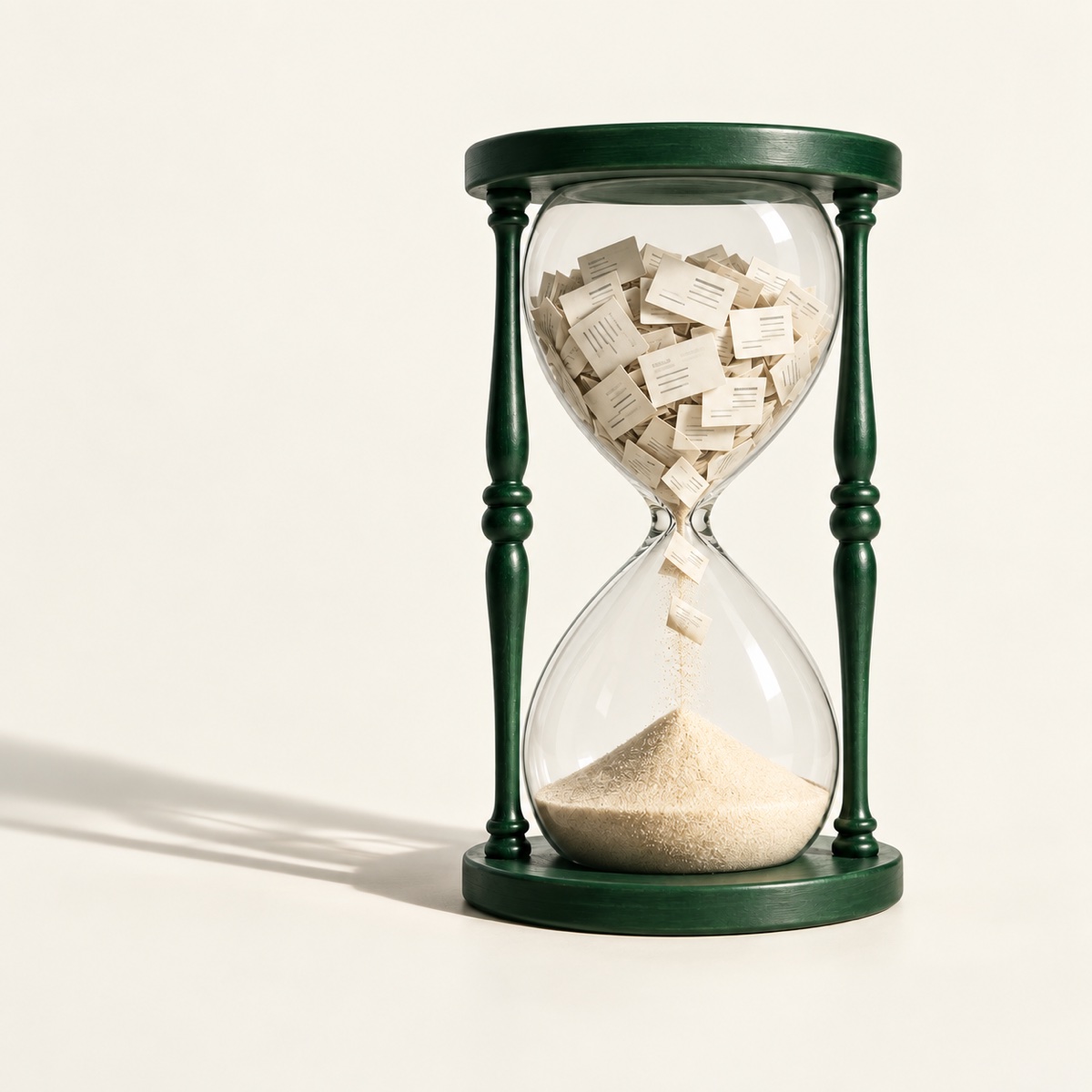 Un reloj de arena transforma tarjetas de empresas en tiempo: una metáfora del trabajo de búsqueda comercial.